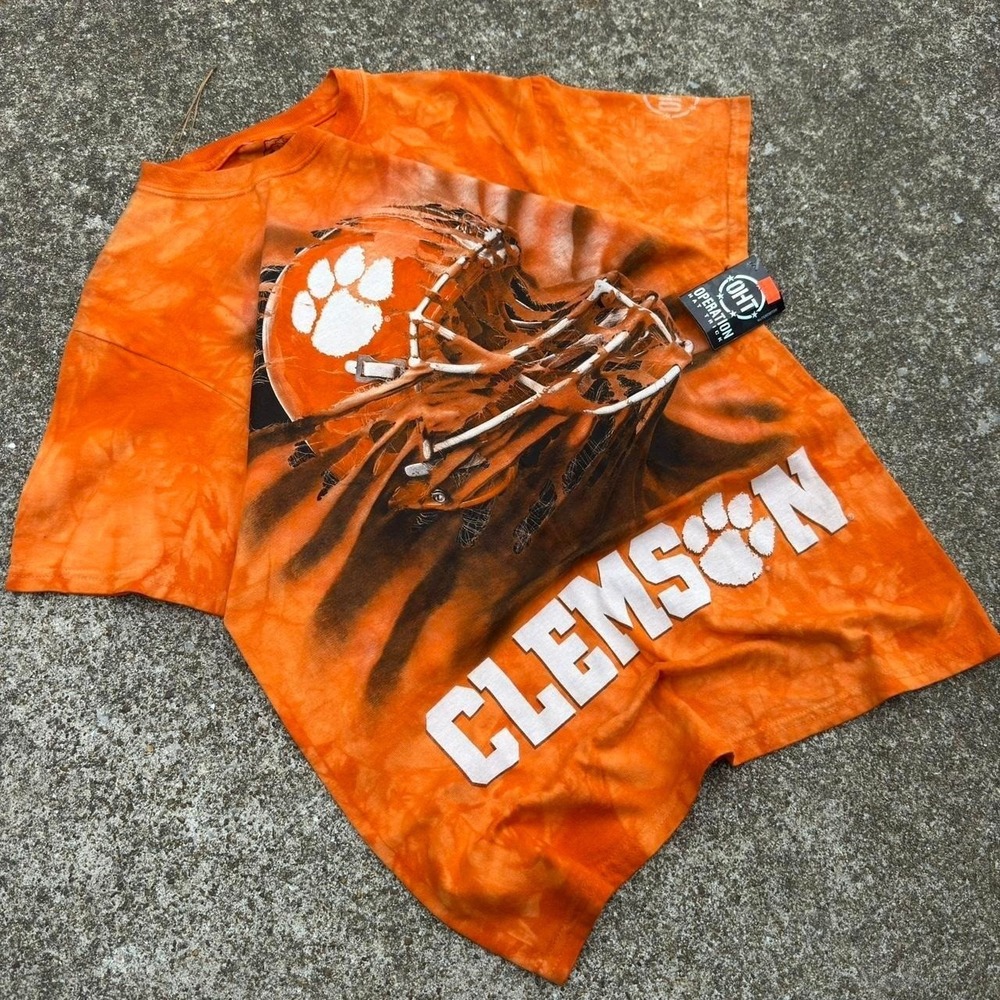 Vintage Y2K The Mountain Clemson Tigers Tie Dye Football Tee Orange S‎ (d1)